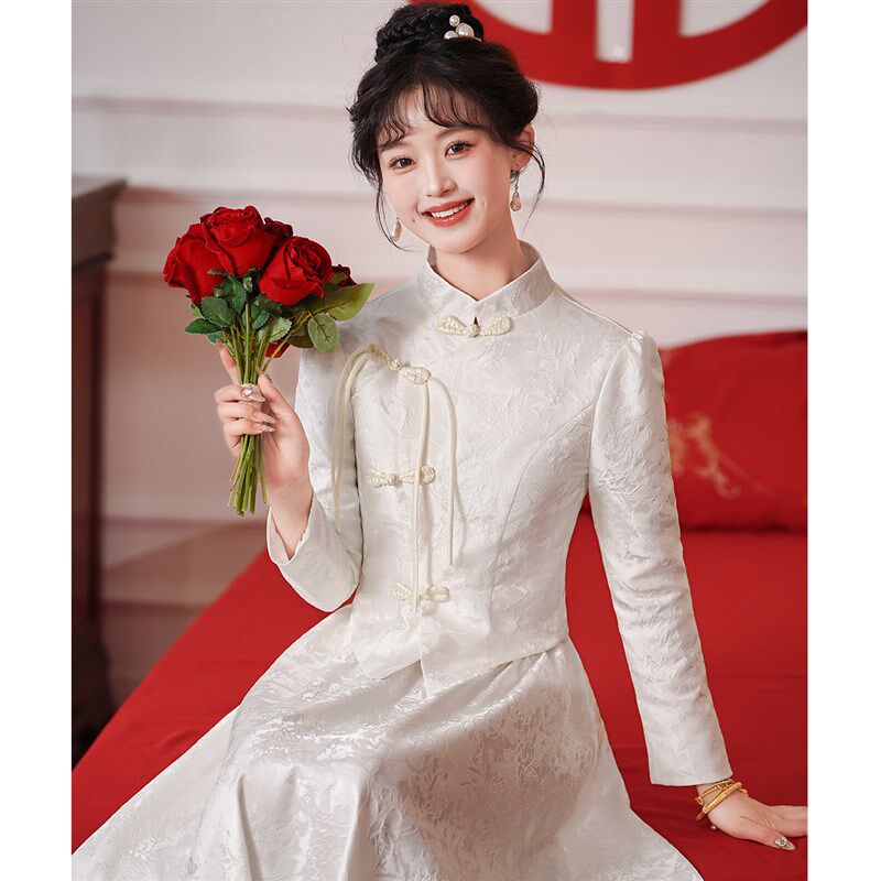 订婚领证小白裙敬酒服新娘旗袍两件套结婚衣服春夏回门新中式礼服