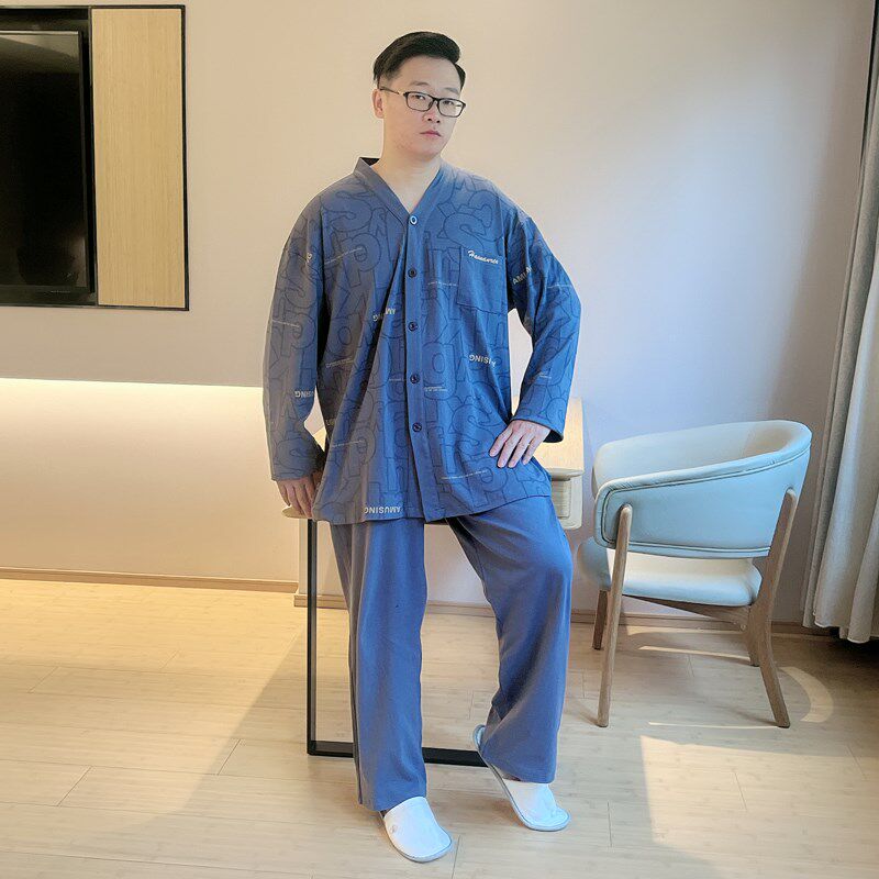 秋冬季睡衣男长袖全棉大码胖子青少年纯棉v领长裤休闲家居服套装