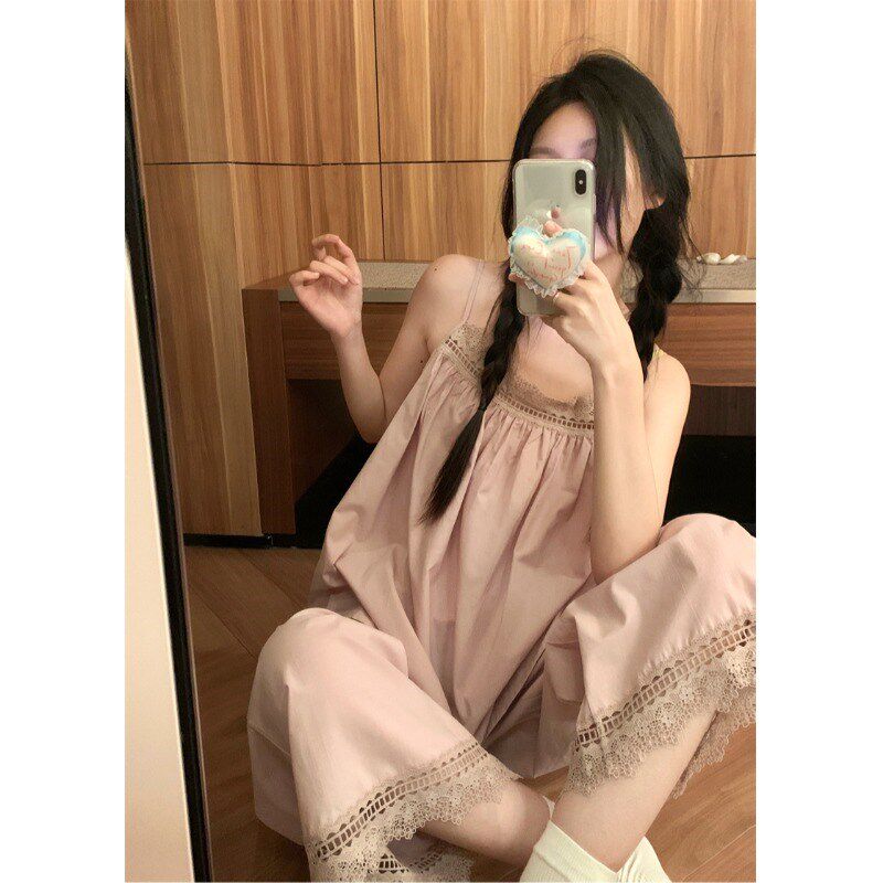 居家甜美少女风睡衣套装女装夏季2024新款蕾丝花边吊带长裤两件套