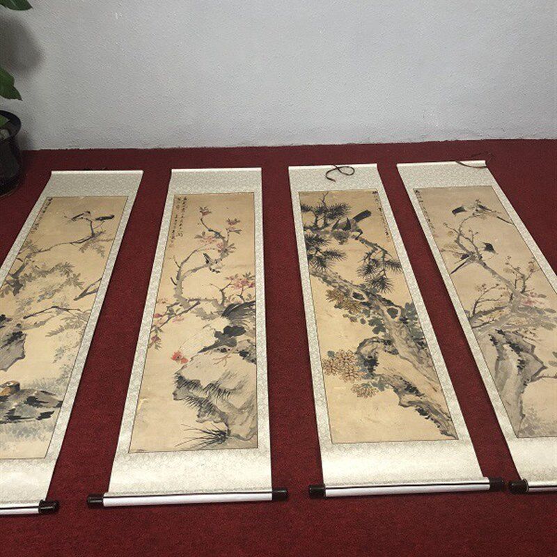 四条屏挂轴春夏秋冬书房茶室书房配H画朱梦庐花鸟四联仿古壁画