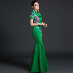 中国风宴会晚礼服2021秋新鱼尾旗袍长款 舞台走秀演出服年会主持