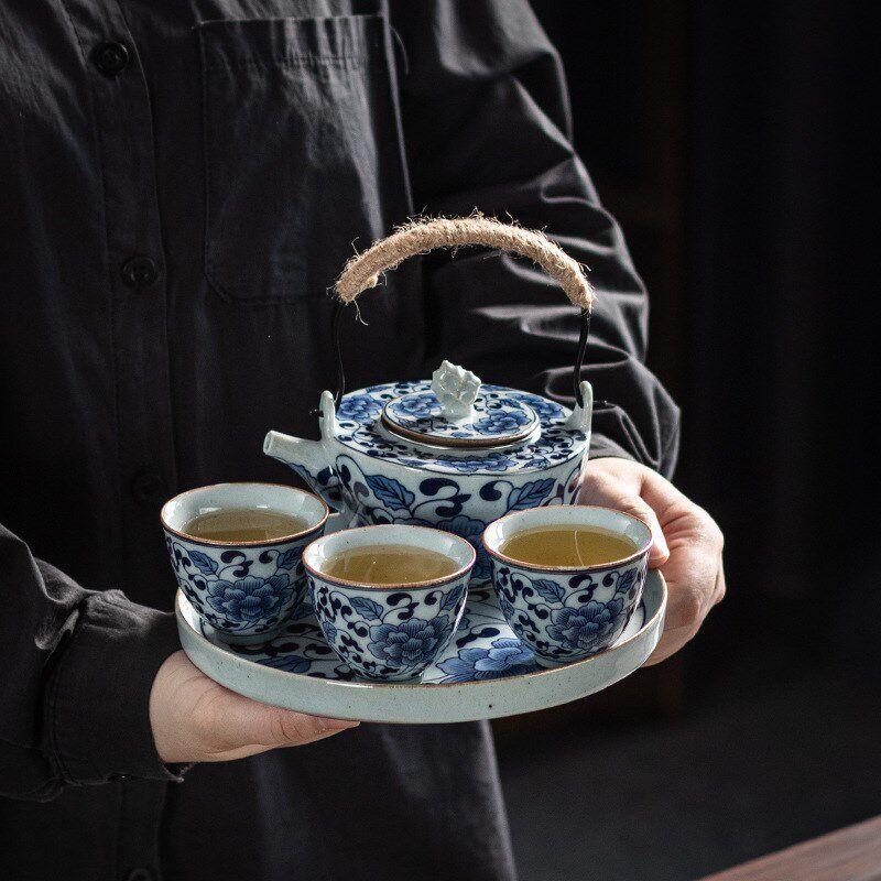青花缠枝莲提梁壶三杯茶叶罐带盘套组 茶具M泡茶壶大号单壶茶水壶