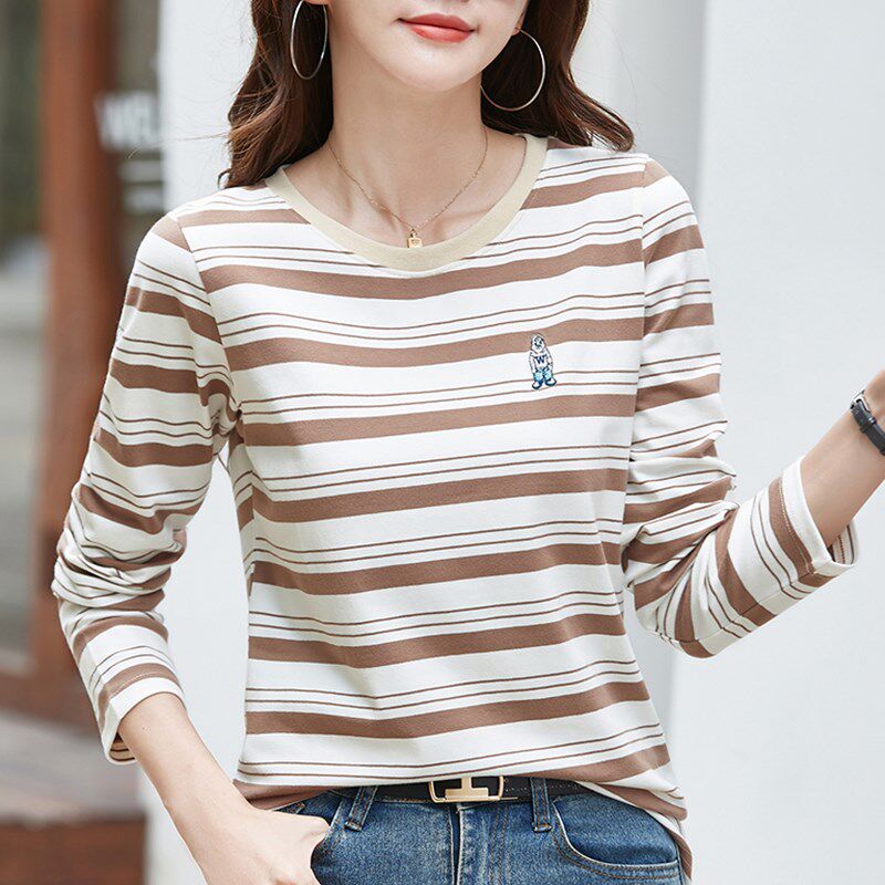 纯棉条纹打底衫女长袖宽松秋衣春秋洋气中厚内搭新款上衣外穿T恤