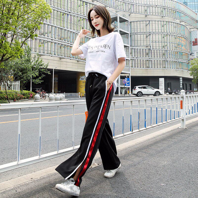 冰丝阔腿裤女夏季薄款雪纺高腰垂坠感宽松开叉运动休闲直筒裤长裤