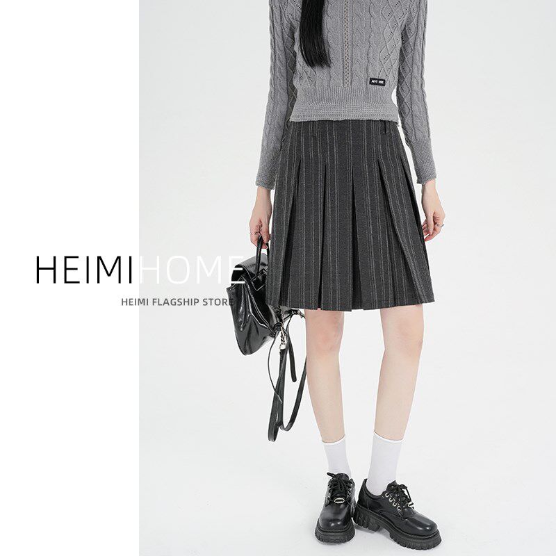 高级感灰色条纹百褶裙女春秋小个子西装半身裙高腰设计感a字中裙