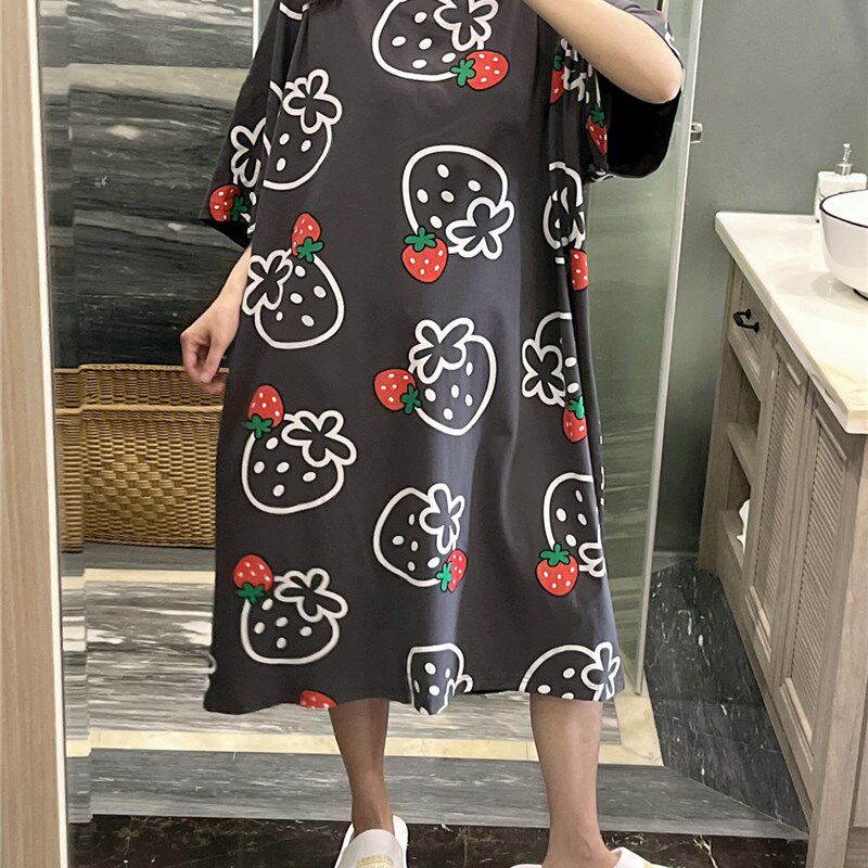 韩版短袖睡裙女夏纯棉甜美可爱草莓印花睡衣大码胖mm200斤家居服