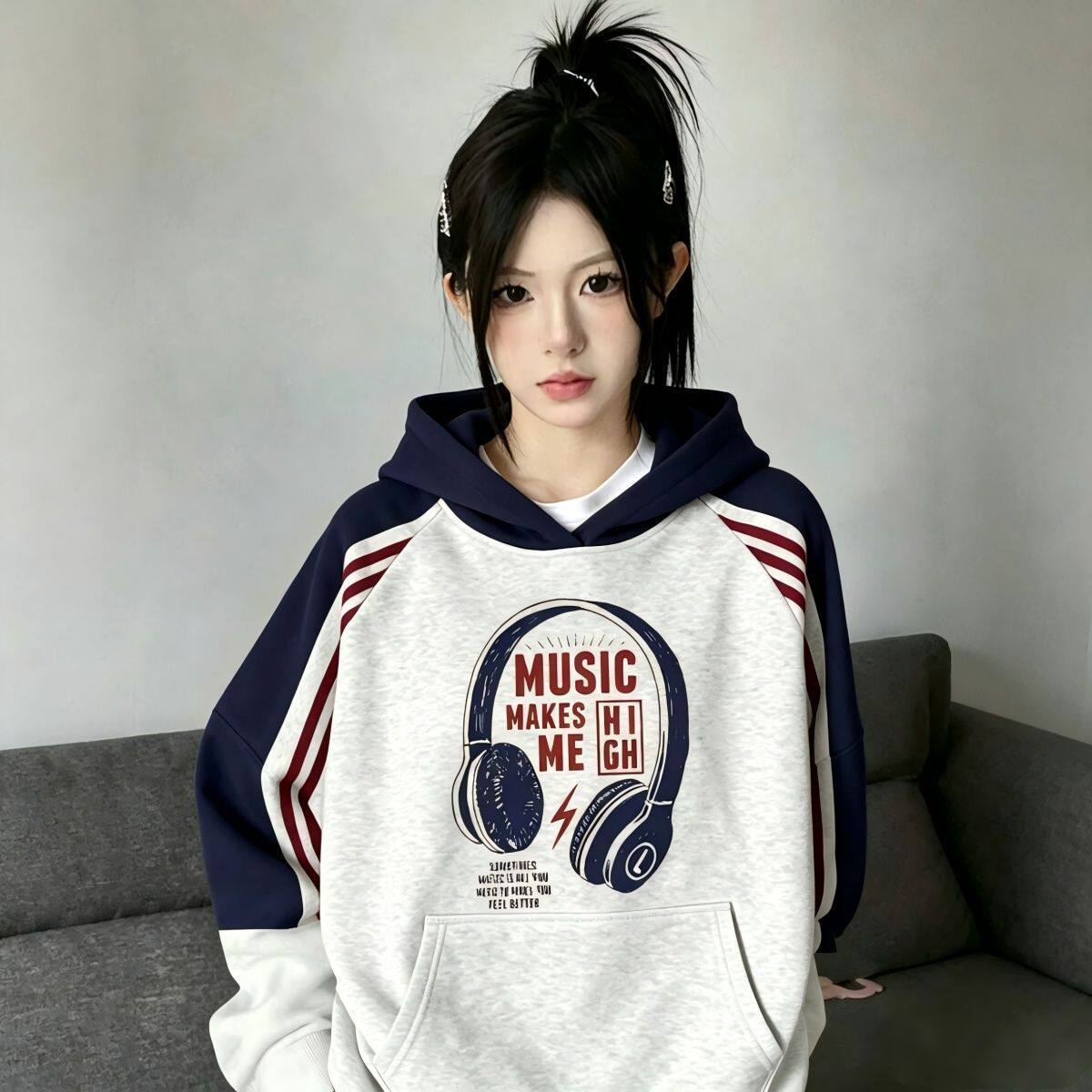 美式潮牌拼色插肩连帽卫衣女2026秋季薄款宽松情侣巨好看帽衫外套