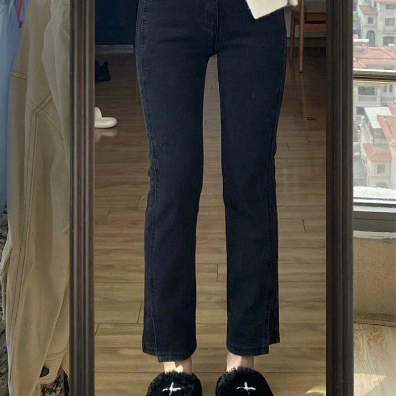 黑色弹力牛仔裤女春秋高腰直筒大码胖mm开叉显瘦小个子九分烟管裤