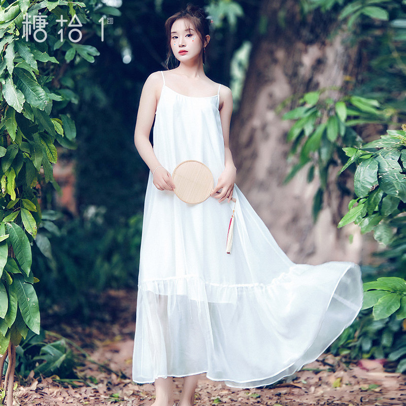 【香云薄纱】复古荷叶边吊带连衣裙女2024春夏季新款宽松雪纺裙