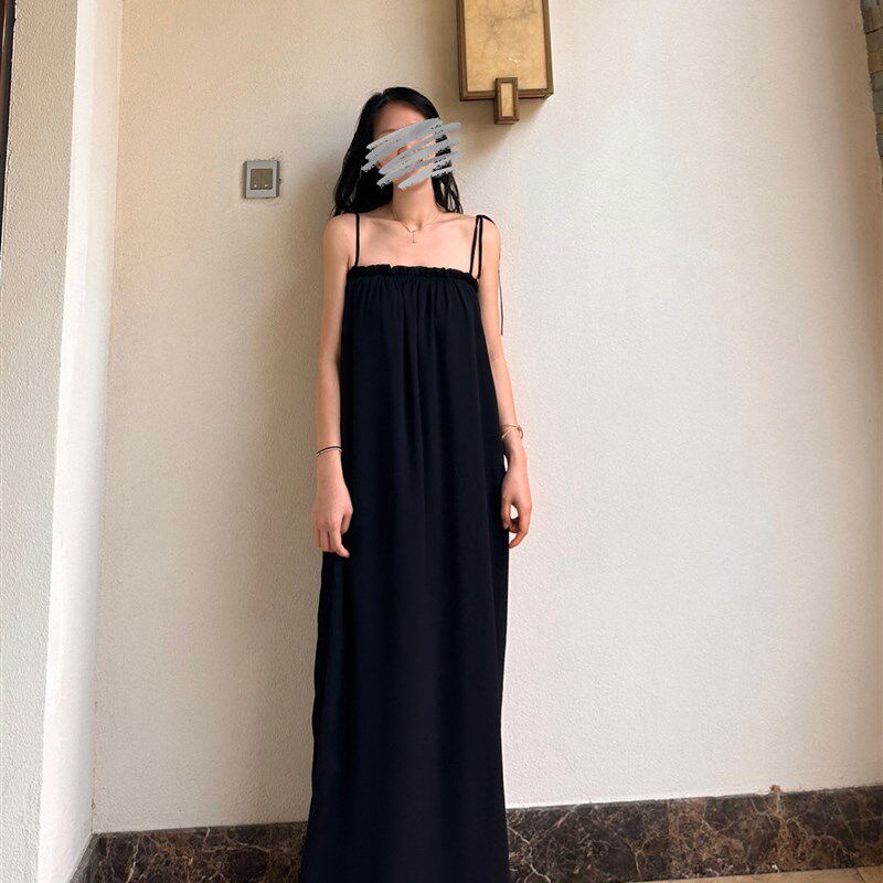 读衣术黑色抹胸遮肉显瘦长裙170高个子漏肩吊带裙简约黑色连衣裙
