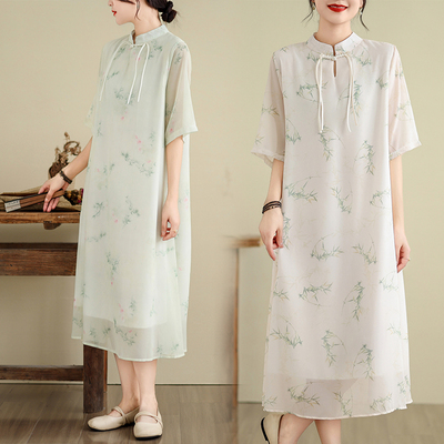 2024年新款连衣裙夏季日常雪纺旗袍裙气质大码立领盘扣改良版裙子