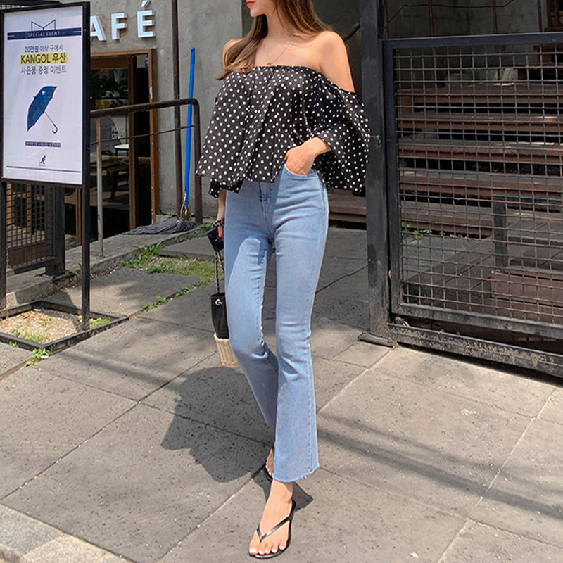 微喇牛仔裤女高腰显瘦2022年春秋季新款韩版浅蓝色修身直筒喇叭裤