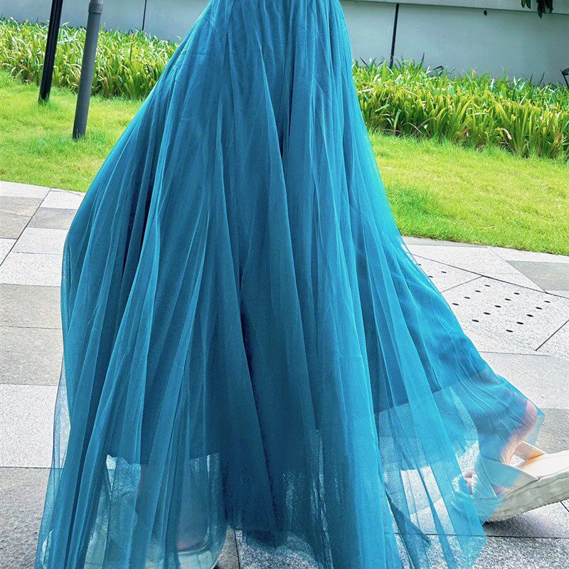 舞蹈纱纱裙网纱大摆半身裙垂感遮肉显瘦松紧腰白色长裙广场舞演出