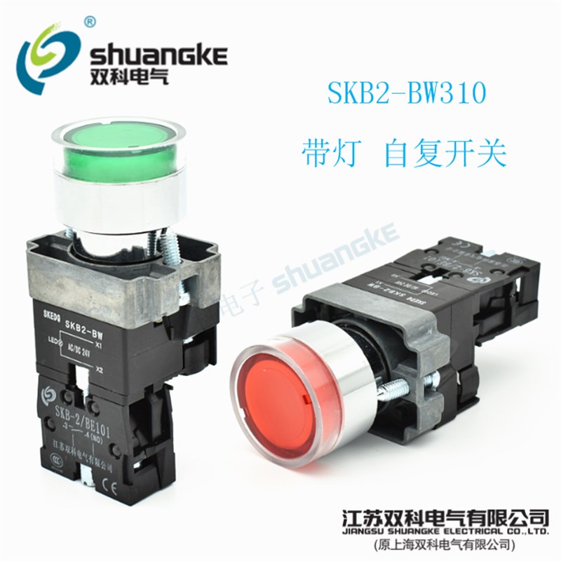 江苏双科电气 SKB2-BW310 点动平头带灯自复位一常开金属按钮开关
