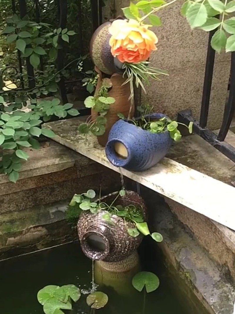 手工陶艺粗陶罐子流水景观多肉绿植老桩花盆盆栽桌面古典陶瓷倒瓶