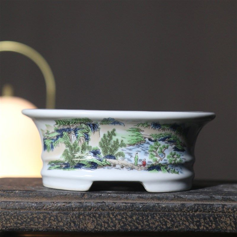 紫砂花盆椭圆形陶瓷盆景盆彩绘手绘雪景图千里江山龙凤呈祥古典盆