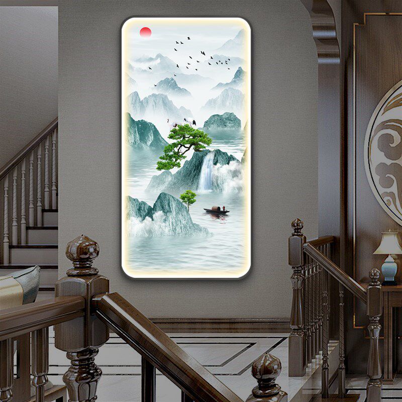 入户发光带灯壁画过道玄关装饰画走廊竖版新中式客厅落地挂画