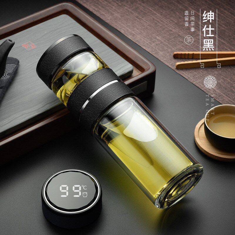 茶水分离杯双层泡茶水杯男士智能测温便携玻璃杯隔热带盖杯子