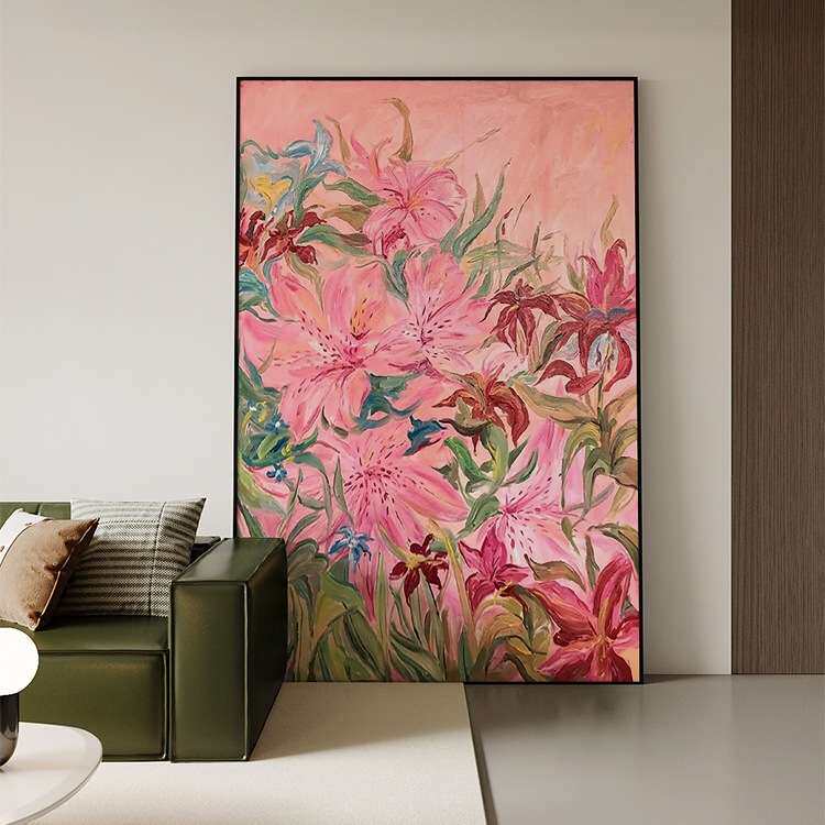 百合花多巴胺奶油风纯手绘油画抽象肌理客餐厅玄关走廊装饰画金属