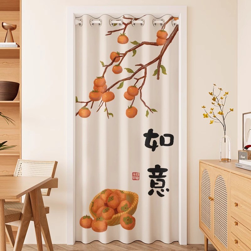 中式门帘免打孔家用伸缩杆厨房隔断帘卫生间卧室房间防风遮挡帘子图片