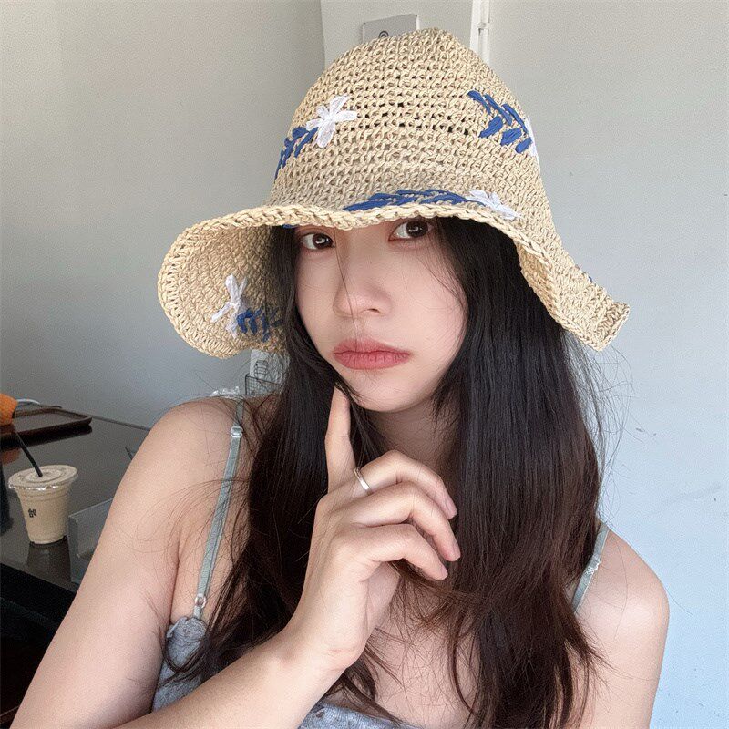 大檐草帽女夏季手k工钩花度假沙滩遮阳草编太阳帽甜美百搭显脸小