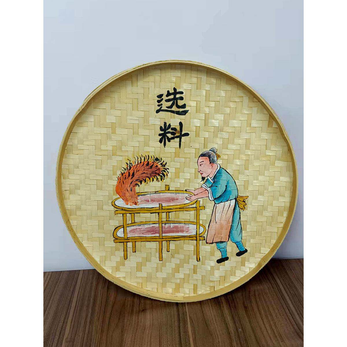 手绘簸箕画酒坊酒馆饭店墙面装饰挂件竹编竹景制CJC品背壁墙挂壁