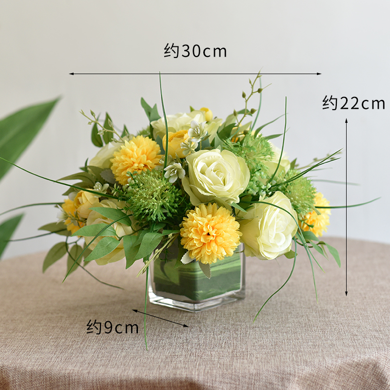 会议桌假花圆桌花餐桌花摆花饭店桌面小摆件餐厅宴会玻璃花瓶花束