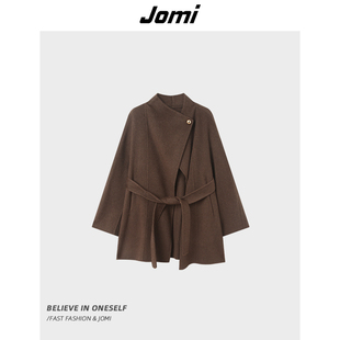 JOMI立领系带收腰毛呢外套女秋冬宽松气质通勤上衣