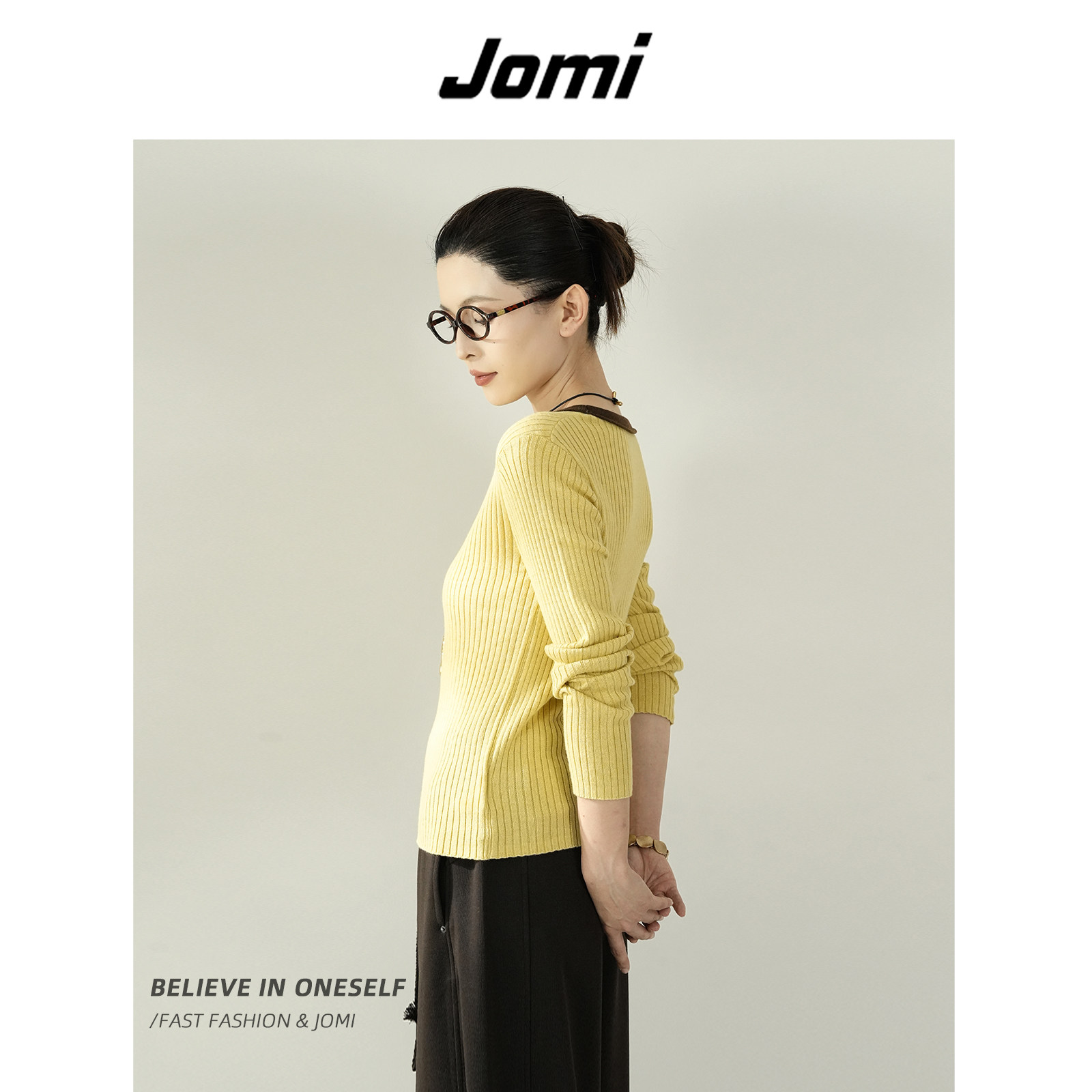 【雪欧尼粉丝专享】JOMI撞色针织衫女秋新款修身显瘦长袖打底上衣