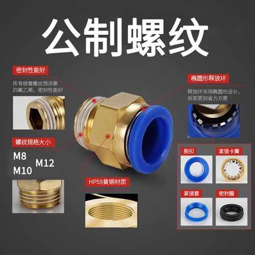 上鸿气动快插气管快速接头公制螺纹直通PC4/6-M5PC8-M6/M8/M10M12