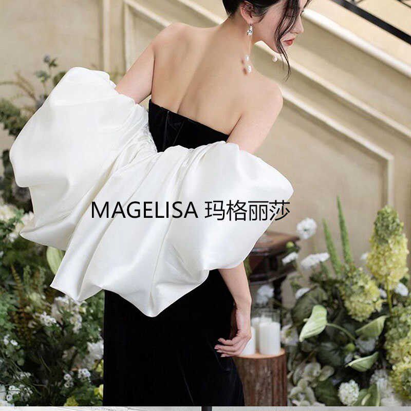 新娘披肩白色缎布抹胸婚纱披肩小外套礼服黑色遮手臂小斗篷拍照款