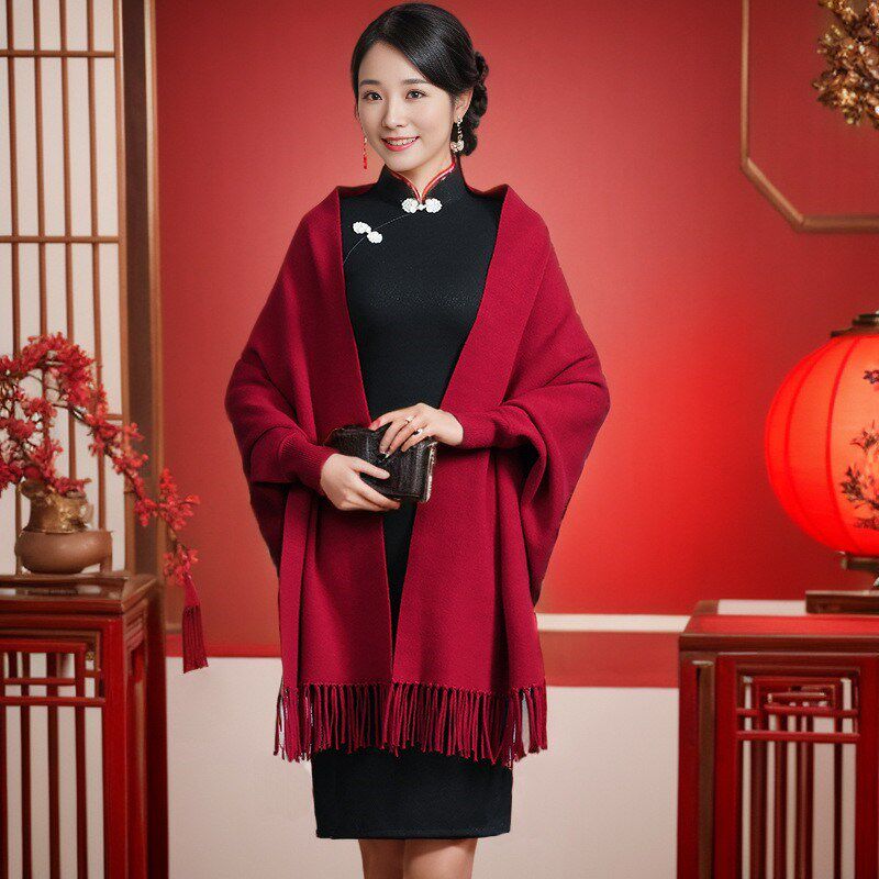 羊绒纯色披肩女喜婆婆妈妈配旗袍外搭斗篷婚宴礼服带袖秋冬外披女