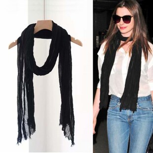 春秋男女黑色细长款棉麻围巾女夏季百搭薄款装饰护颈长条丝巾纯色