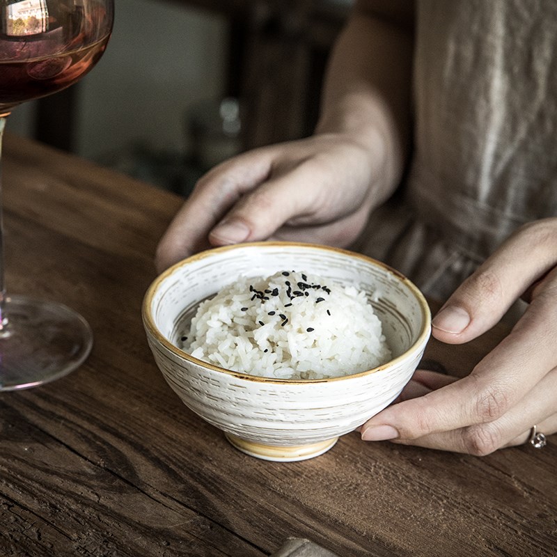巷子尾旧时光4个装吃饭碗复古米饭碗家用陶瓷碗日式高脚饭碗