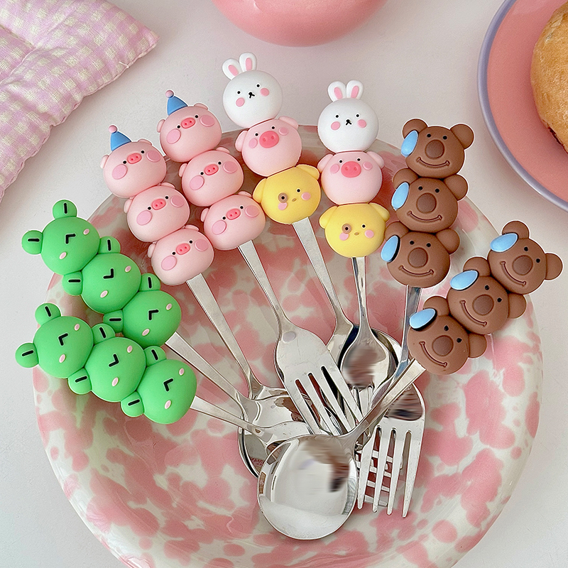 胡桃集市 可爱叉子勺子多巴胺彩色撞色小动物卡通防摔甜品叉勺