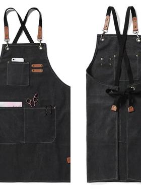 帆布防油棉围裙奶茶咖啡店家用厨房园艺工作牛仔素色围裙印字