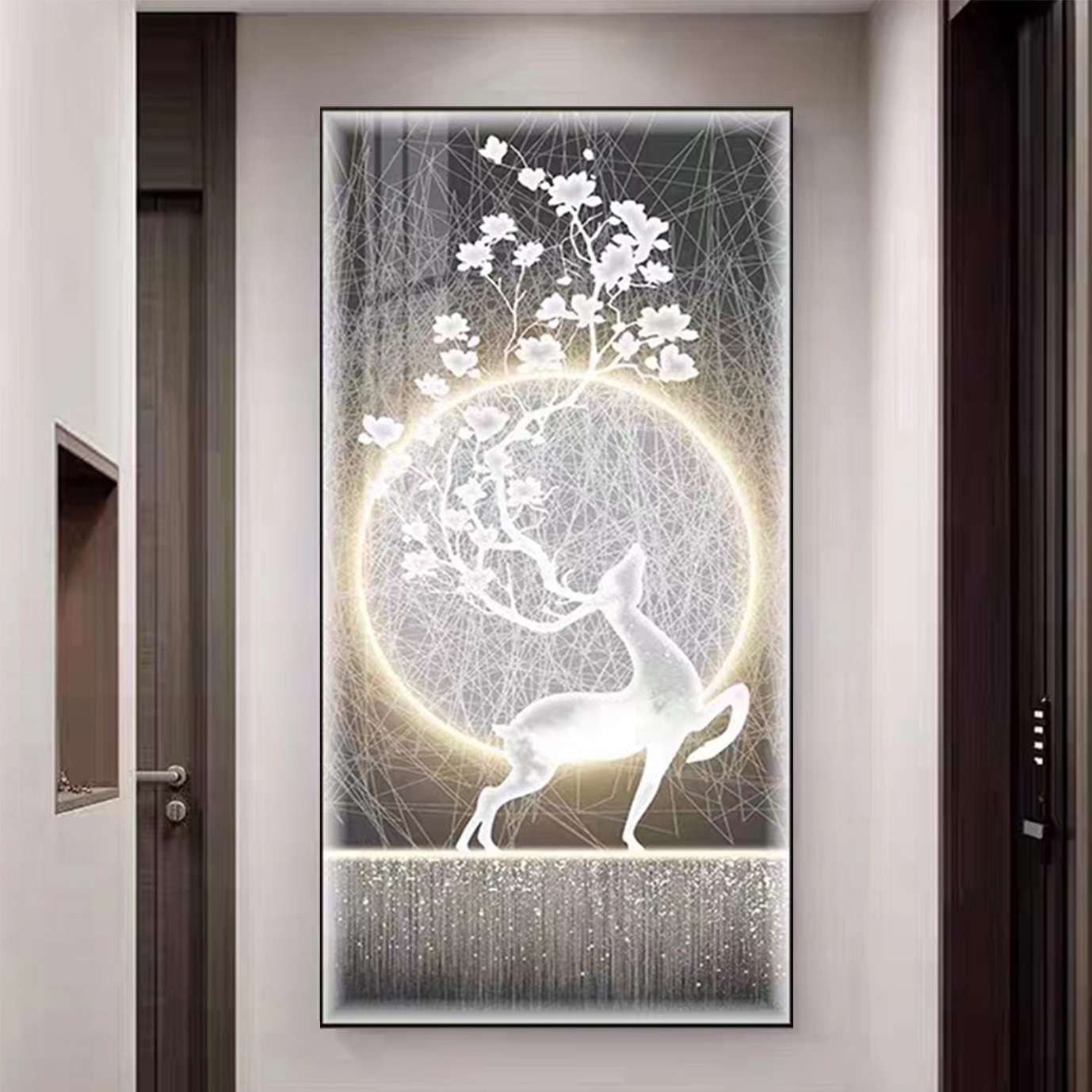 福鹿入户玄关装饰画北欧轻奢走廊过道挂画led发光壁画正对门墙画图片
