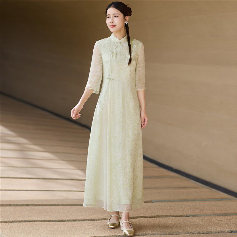 改良旗袍夏季女连衣裙2025新款高级国风汉服长裙茶服唐装素雅女装
