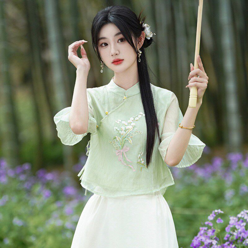 中国风唐装绣花上衣配半身裙两件套女夏季新中式清冷感茶艺师茶服
