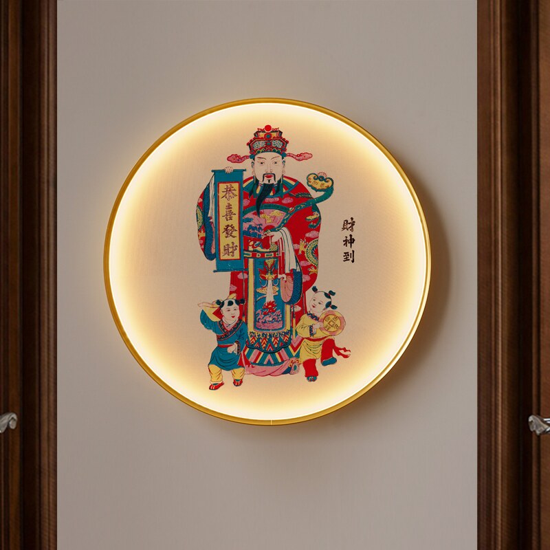 壁画挂画中式带灯财神玄关装饰画走廊客厅墙画入户尽头发光网红