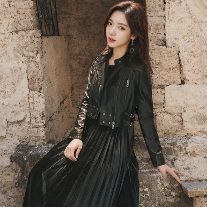 2025春秋新款皮夹克女超短款pu皮机车服小个子修身上衣黑色短外套