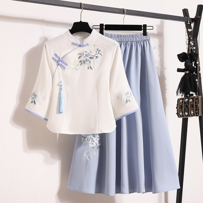 中国风套装女改良汉服女复古唐装上衣两件套民族风连衣裙茶艺服春