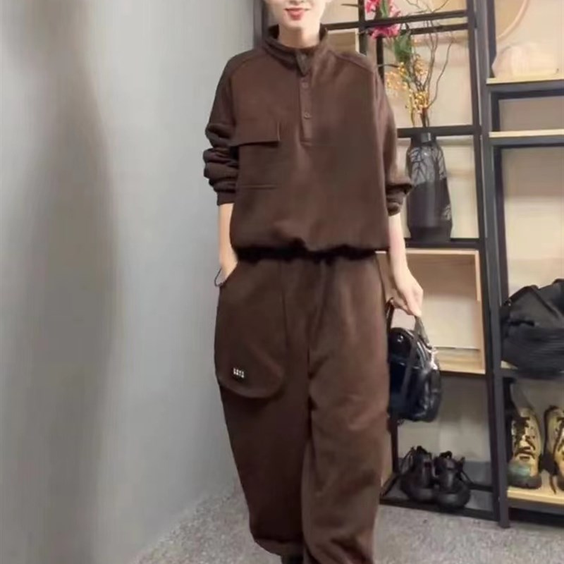 时尚加绒加厚套装欧货2024秋冬新款洋气显瘦立领卫衣女百搭哈伦裤