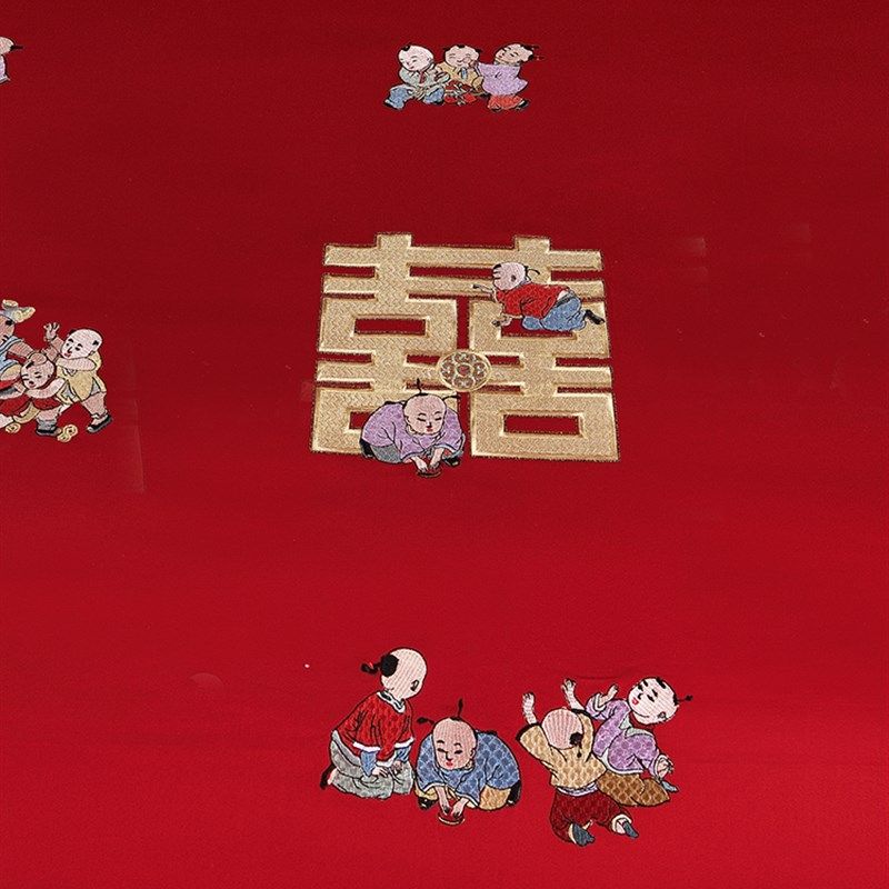 全棉大红床上用品中式r婚庆四件套百子图刺绣喜庆结婚套件