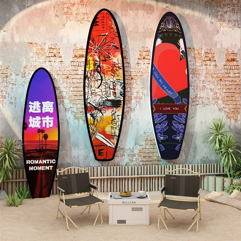 海边冲浪网红拍照区布置咖啡厅馆奶茶店墙壁面装饰氛围背景互动墙