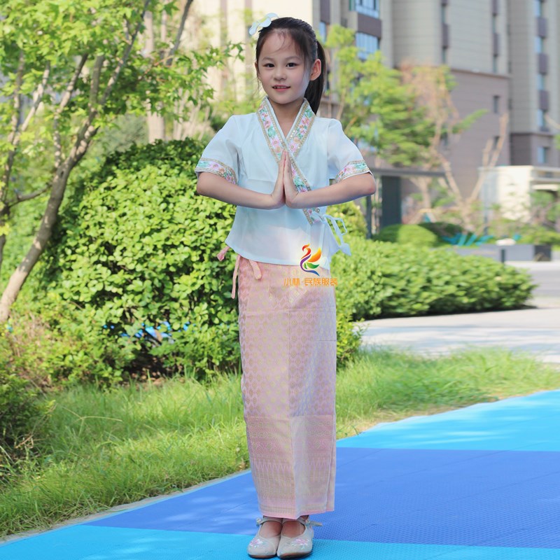 傣族女儿童套e装西双版纳泼水节服饰一片裙锦缎绣花边粉黄色540图片