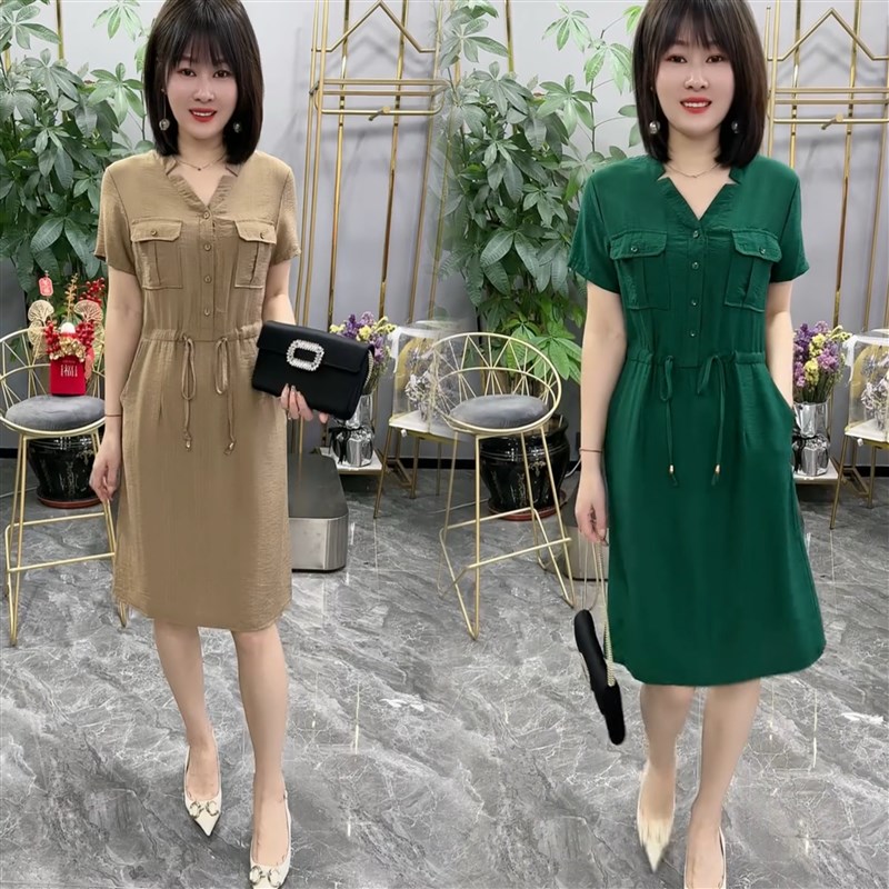 时尚显瘦棉麻连衣裙女夏天薄款v领遮肚子a字纯色新款套头中长裙子