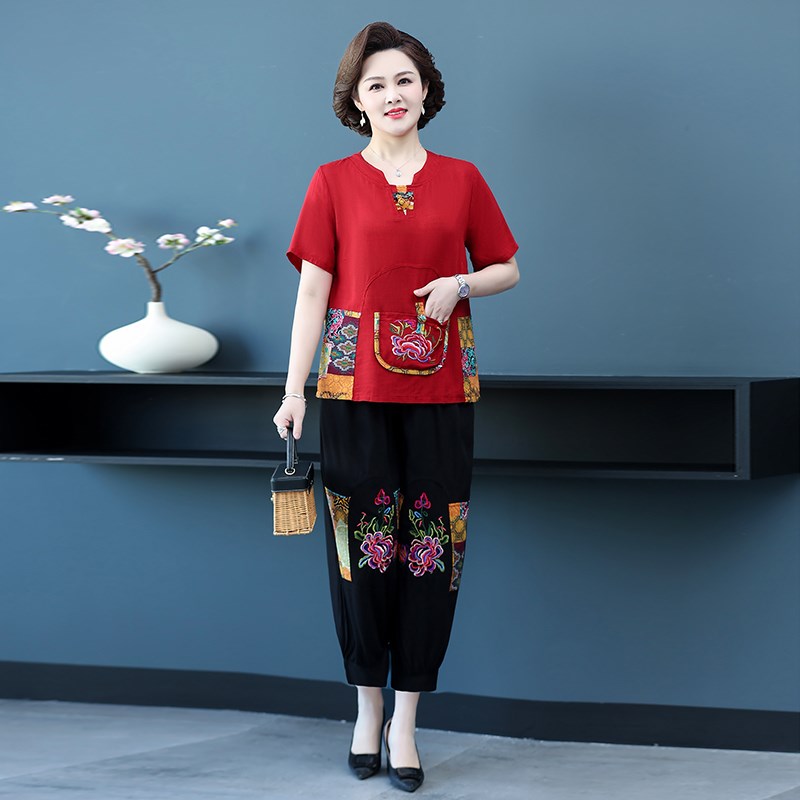 妈妈民族风套装中老年女两件套唐装夏季复古刺绣棉麻洋气宽松上衣