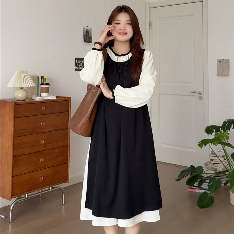 微胖的喵喵大码女装胖mm秋装收腰巨显瘦背心裙连衣裙两件套装3058