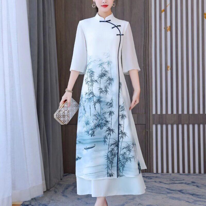 唐装女中袖中国风改良旗袍连衣裙女春夏古风汉服年轻款高贵长裙子